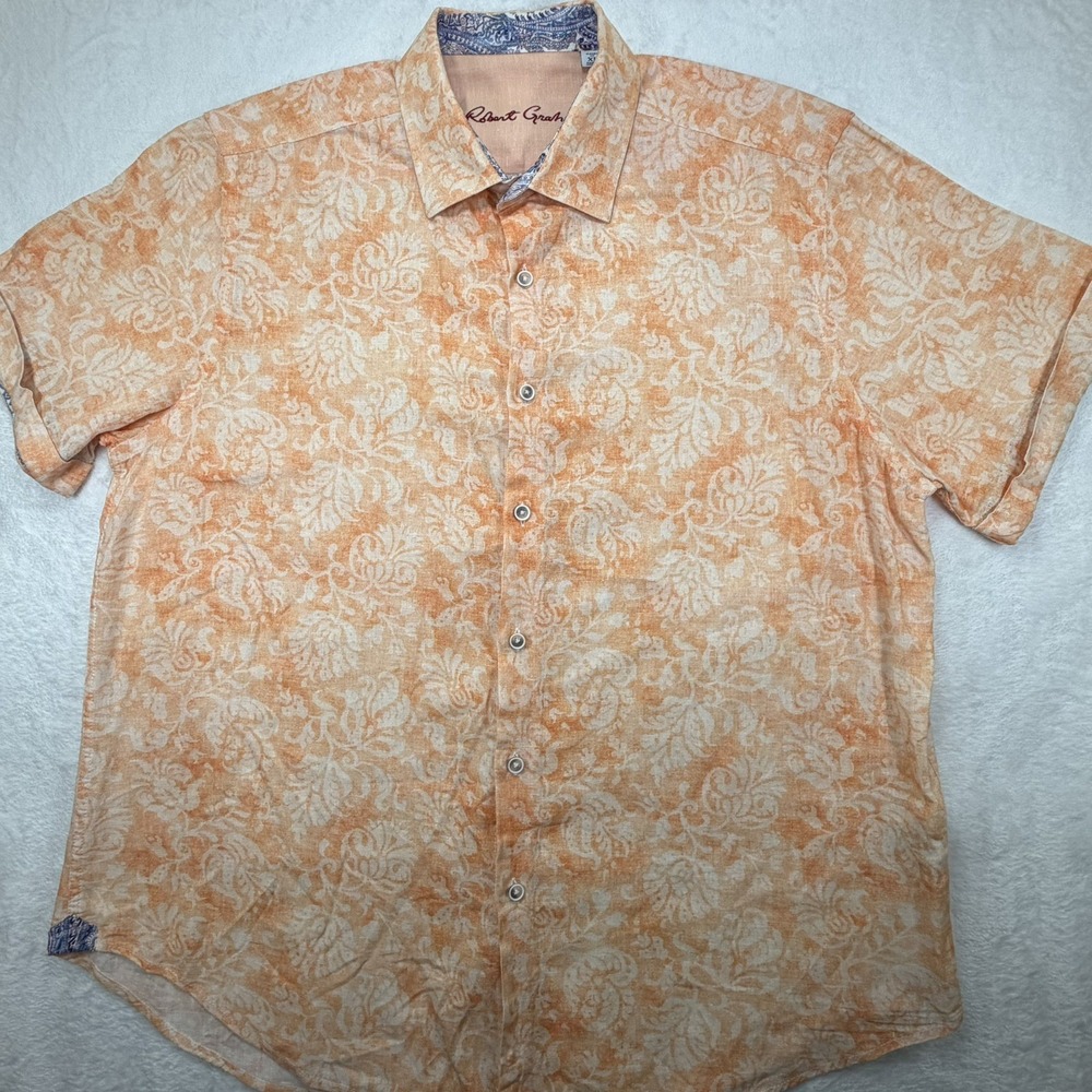 Robert Graham Shirt Men's XL Orange Flip Cuffs Short Sleeve Linen Cotton